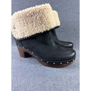UGG Lynnea Clog Boots Women 9 Black Leather Shearling Studded 3207